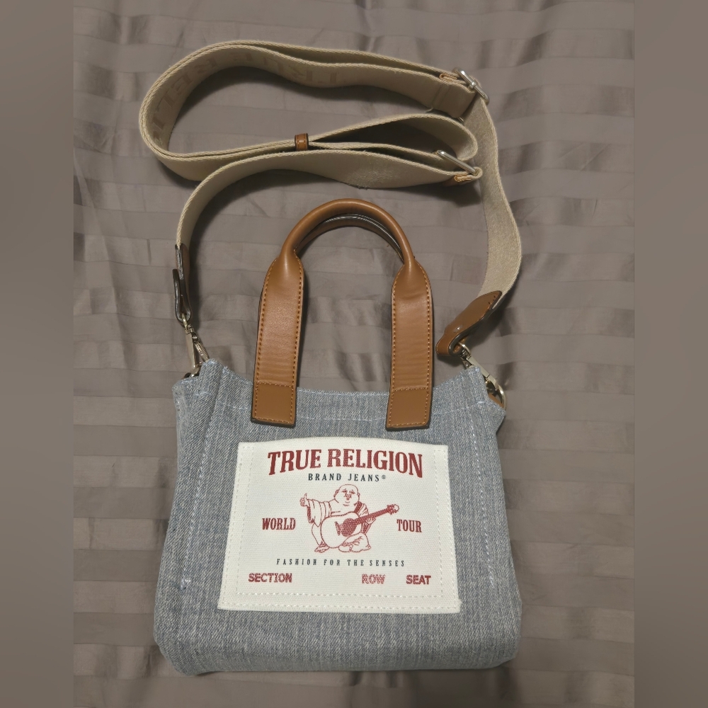 True Religion Mini Blue Denim Tote with Tan Handles And Crossbody Strap.